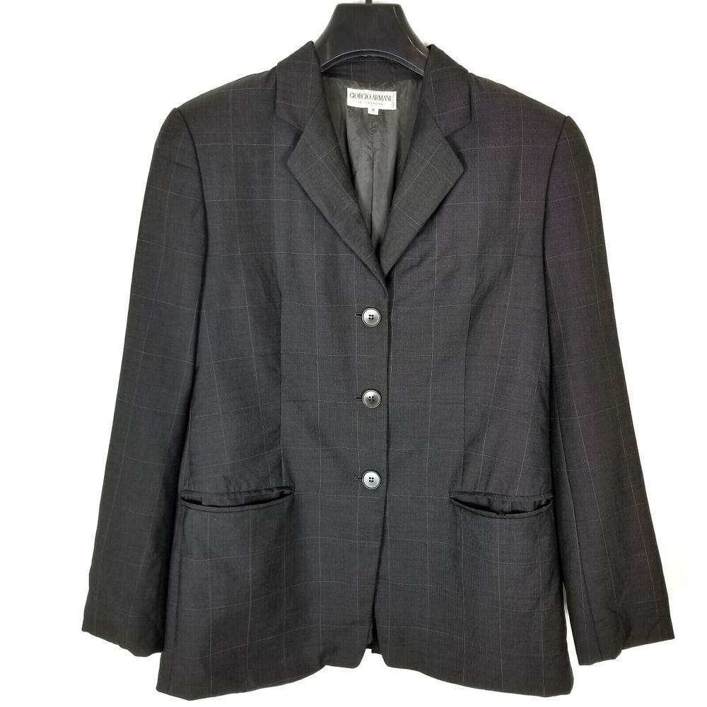 Giorgio Armani Le Collezioni Women Wool Blend Blazer Size 8 Gray Windowpane
